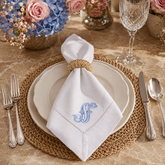 Linen Hemstitch Dinner Napkins Embroidered with Monogram - Set of 6