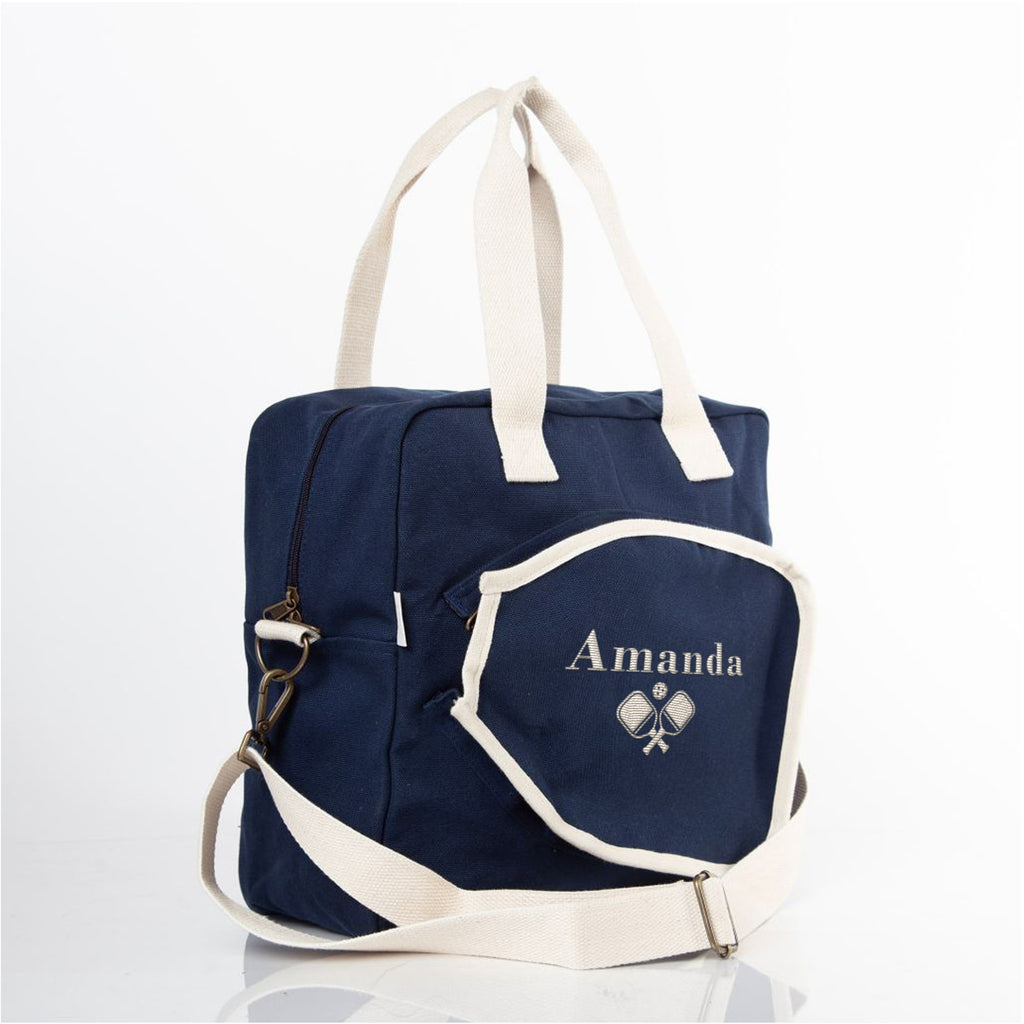 Embroidered Personalized Pickleball Bag in Navy Blue with natural color Handles with custom name and paddle logo