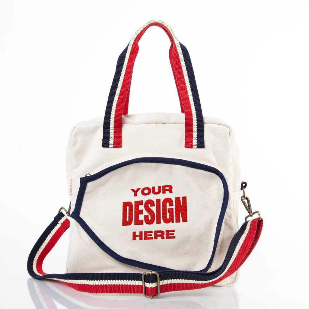 Embroidered Personalized Pickleball Bag Natural color with Red and Royal Blue Handles with custom upload design option