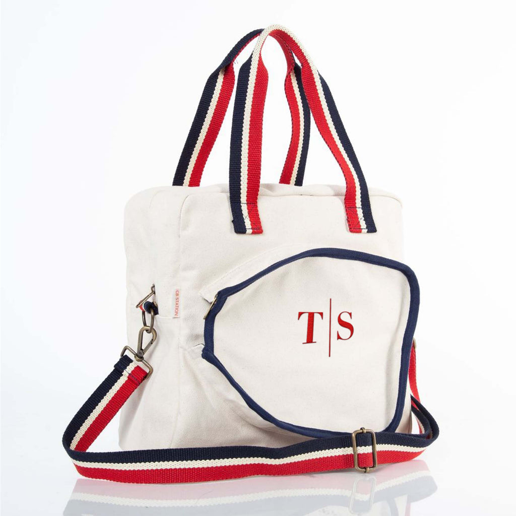 Embroidered Personalized Pickleball Bag Natural color with Red and Royal Blue Handles and modern two initial monogram