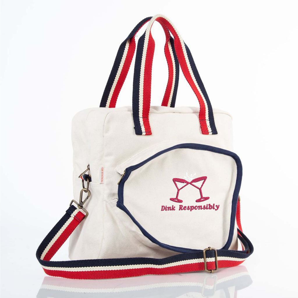Embroidered Personalized Pickleball Bag Natural color with Red and Royal Blue Handles and dink responsibly logo