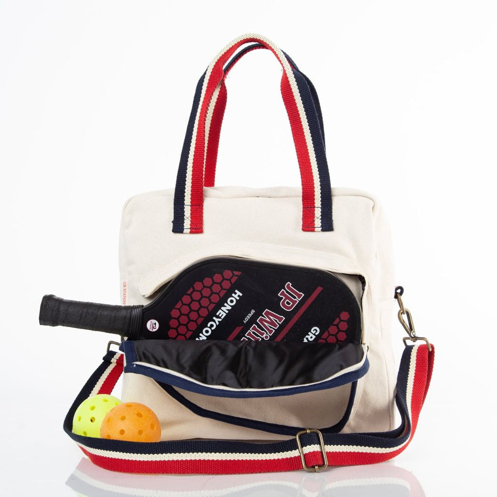 Embroidered Personalized Pickleball Bag Natural color with Red and Royal Blue Handles with paddle and ball