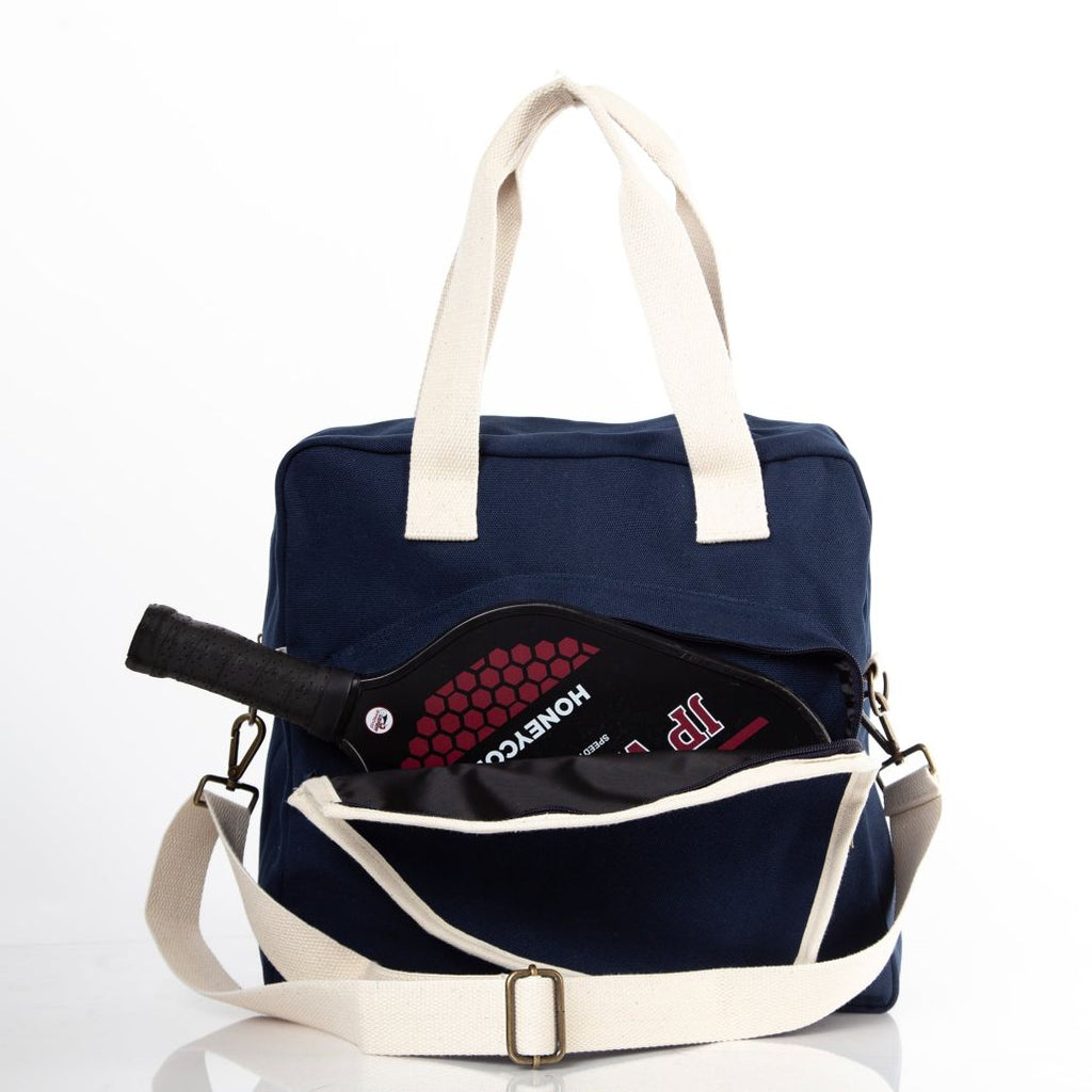 Embroidered Personalized Pickleball Bag in Navy Blue with natural color Handles and paddle inside