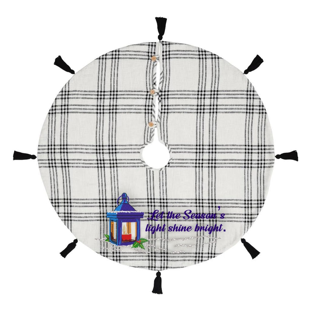Custom Embroidered Black Plaid Christmas Tree Skirt with lantern and let the seasons light shine bright embroidered on it